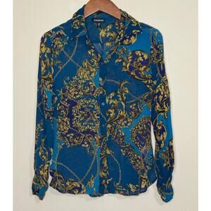 Bebe Baroque Print Blouse Womens XS 100% Silk Sheer Blue & Gold Button Down Top